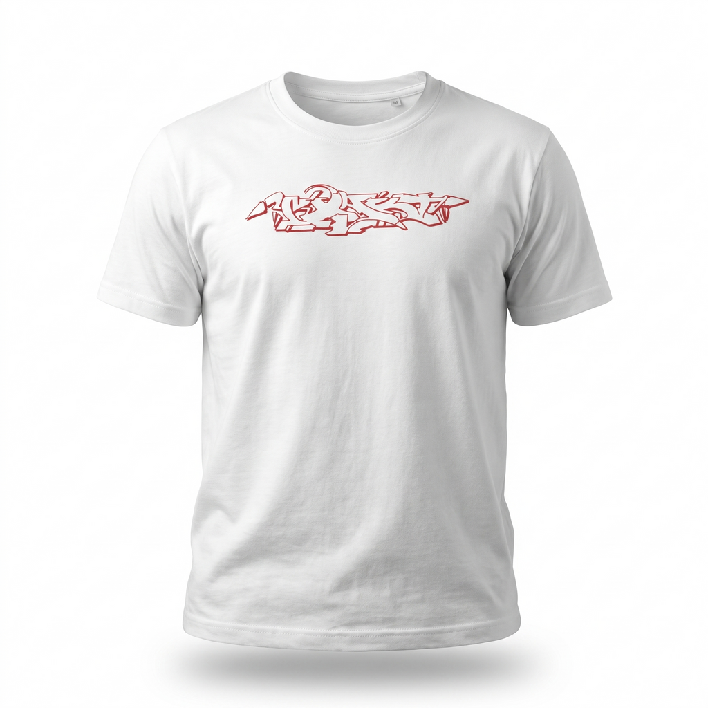 Red-Amsterdam T-Shirt in Weiß mit rotem Graffiti-Outliner auf der Brust