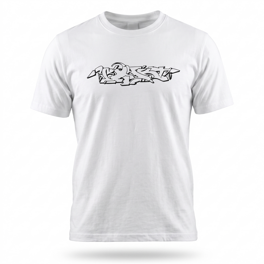 Black-Amsterdam T-Shirt in Weiß mit schwarzem Graffiti-Outliner auf der Brust