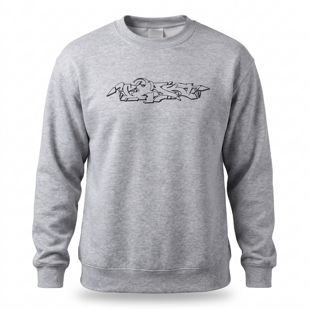 Amsterdam Sweater in geflecktem Grau mit schwarzem Graffiti-Outliner
