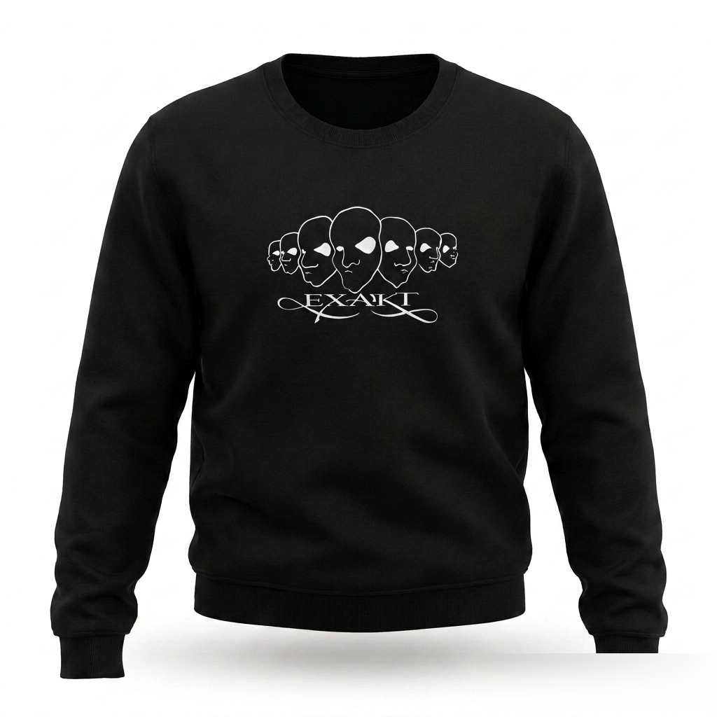 Janus Sweater — schwarzer Crewneck mit weißem EXAKT Siebdruck, sieben Gesichter