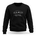 Janus Sweater — schwarzer Crewneck mit weißem EXAKT Siebdruck, sieben Gesichter